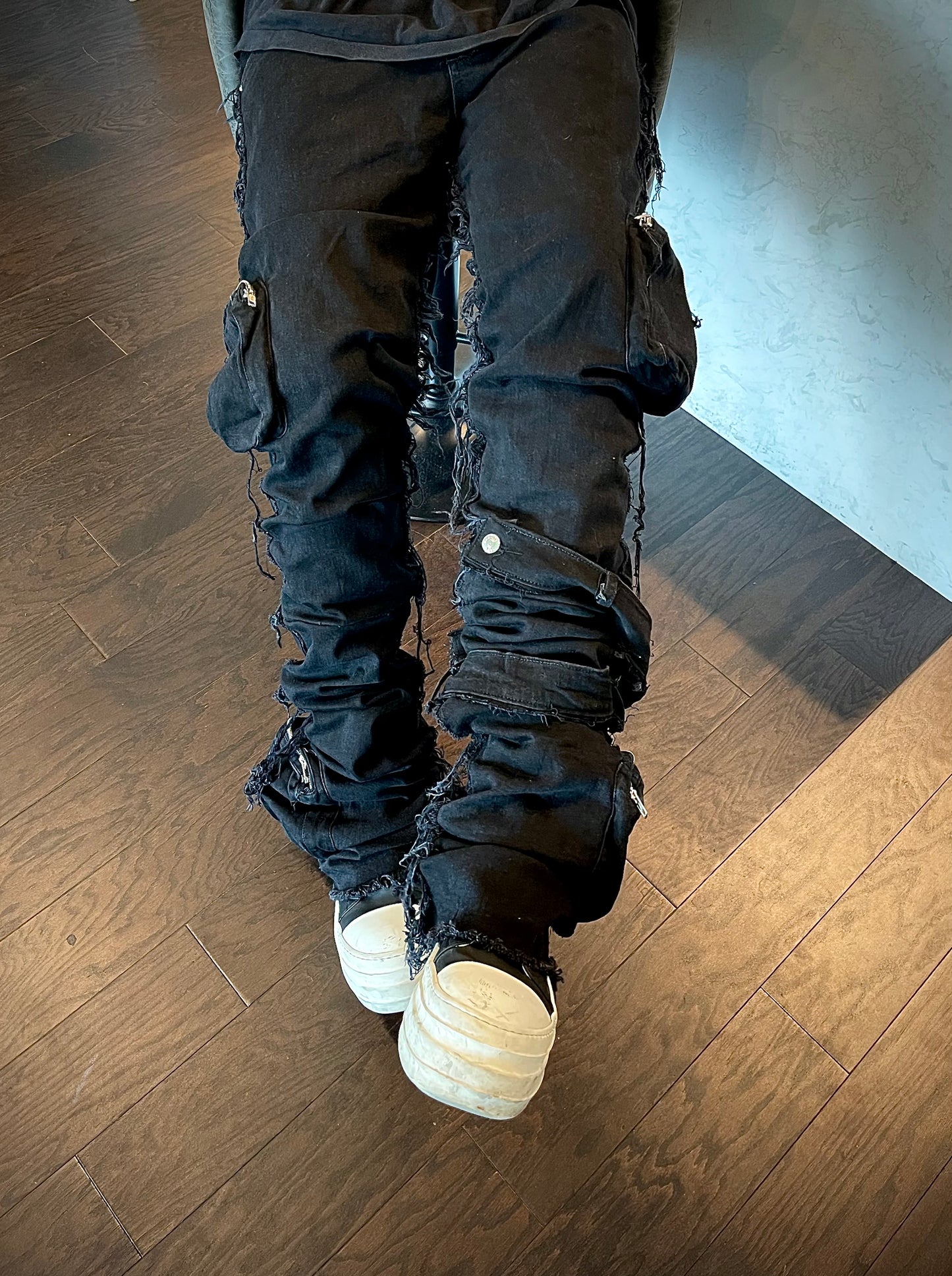 Black Stacked Furry 3D Cargo Denim w/ Shin Belt