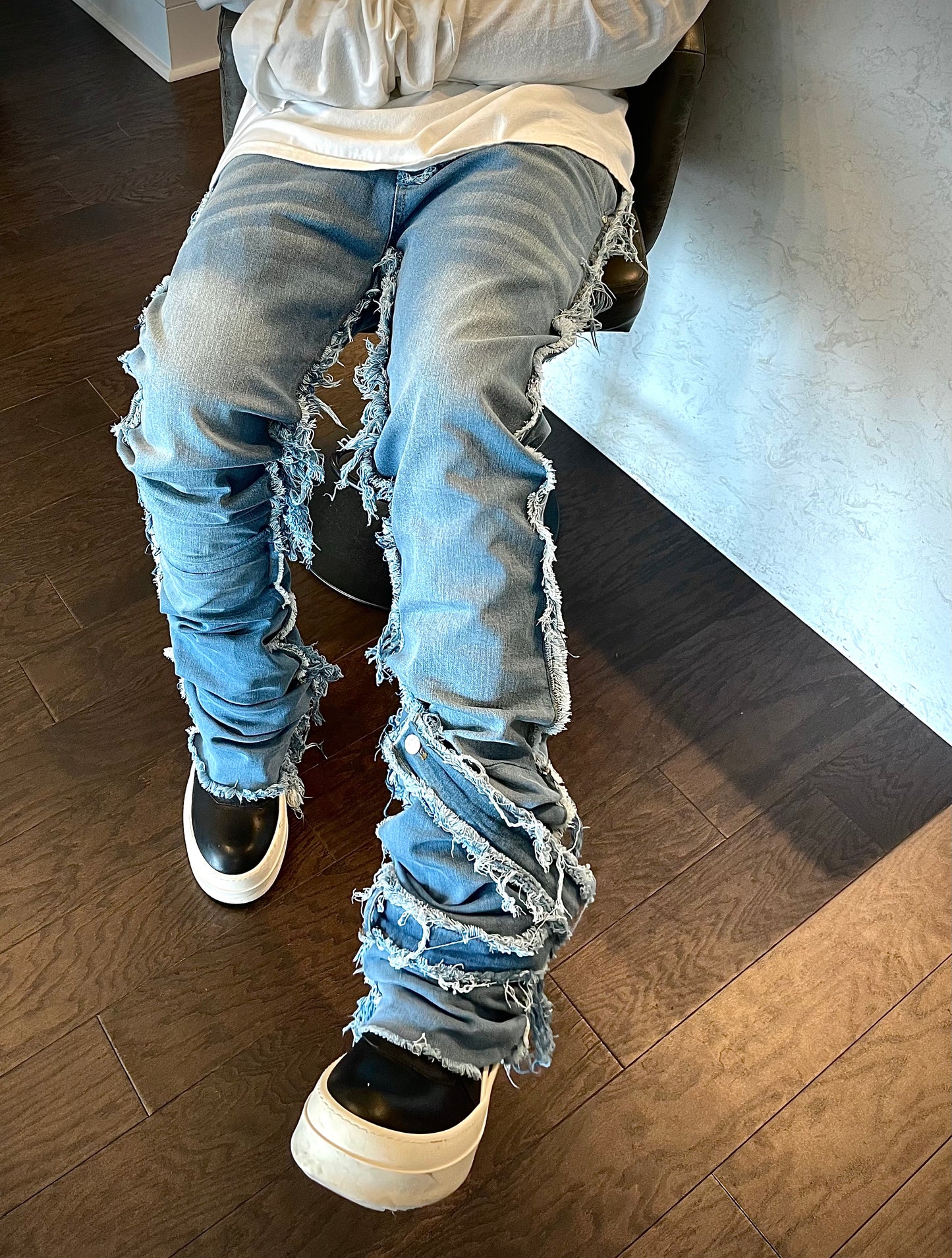 Faded Blue Stacked Furry Denim w/ Shin Belt