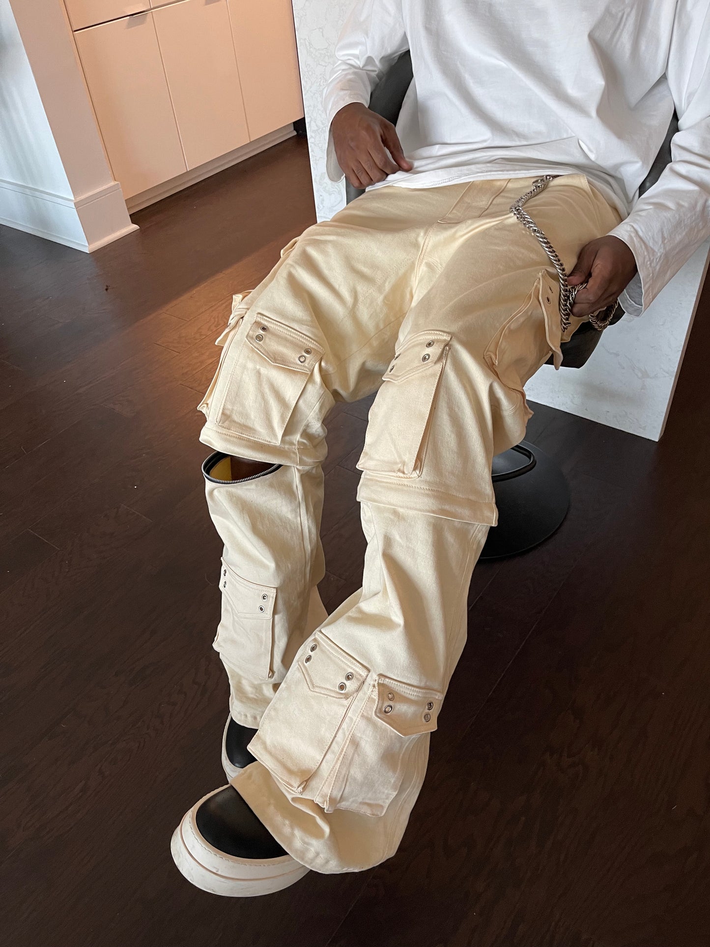 Cream Baggy Convertible Cargo Pants