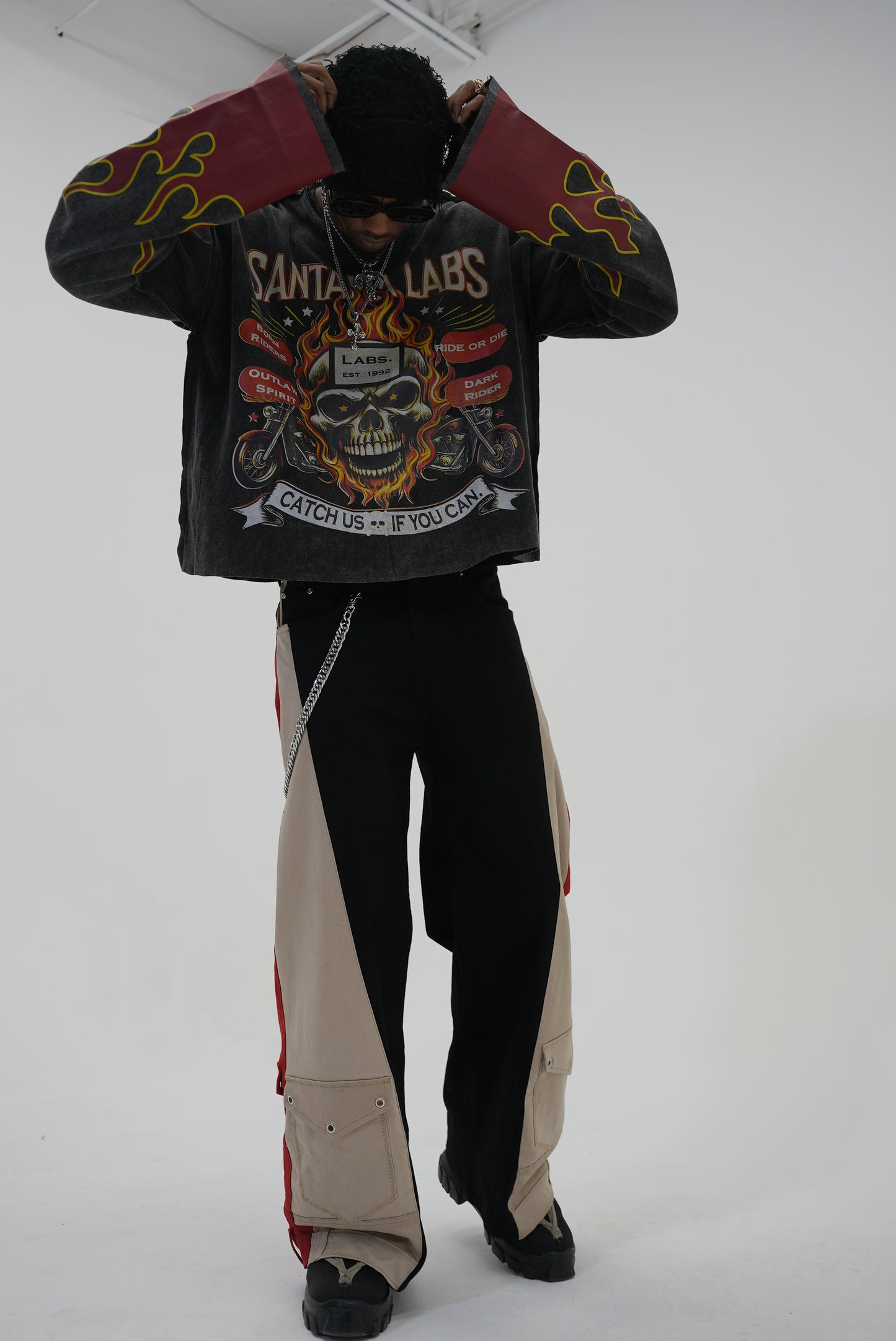 Double Wide Leg Flare Black, Cream & Red Denim