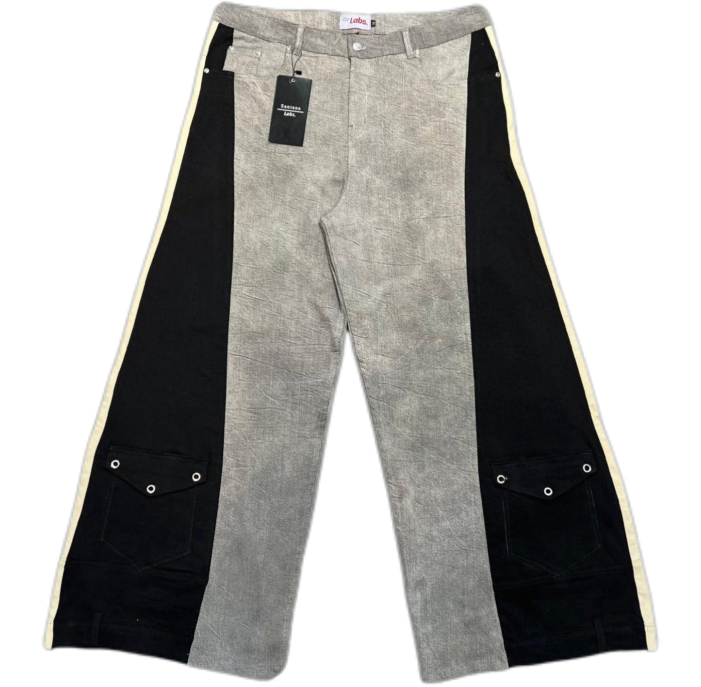 Double Wide Leg Flare Stone Wash Grey, Black, & Cream Denim