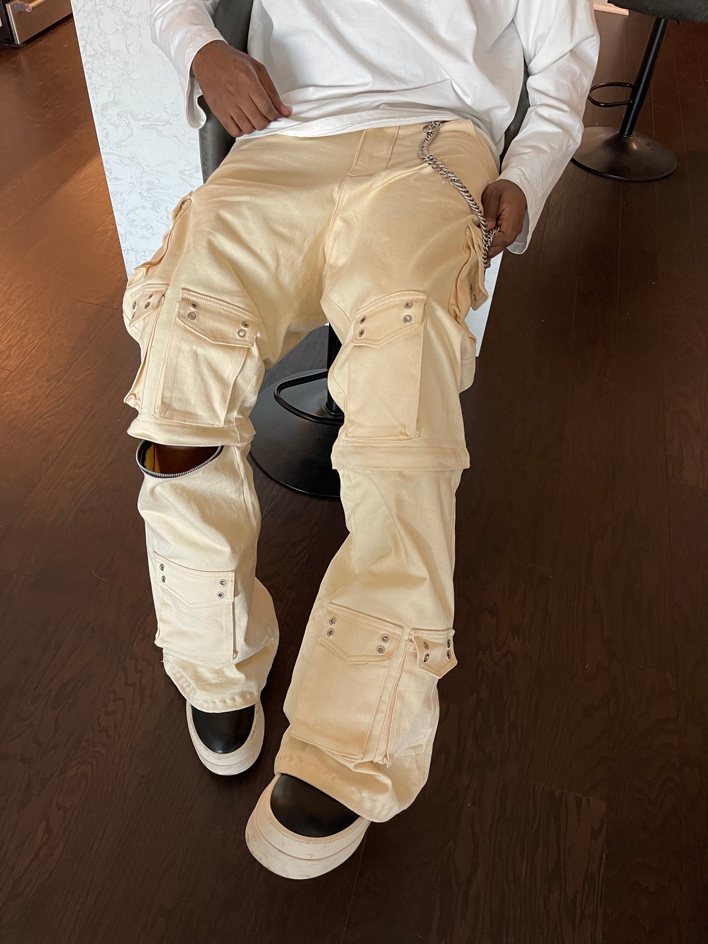 Cream Baggy Convertible Cargo Pants