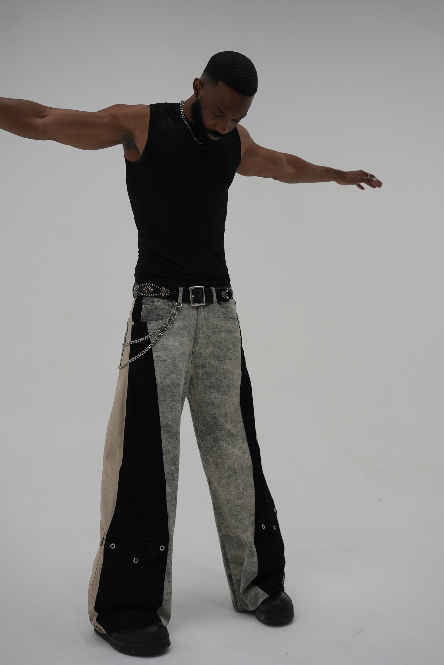 Double Wide Leg Flare Stone Wash Grey, Black, & Cream Denim