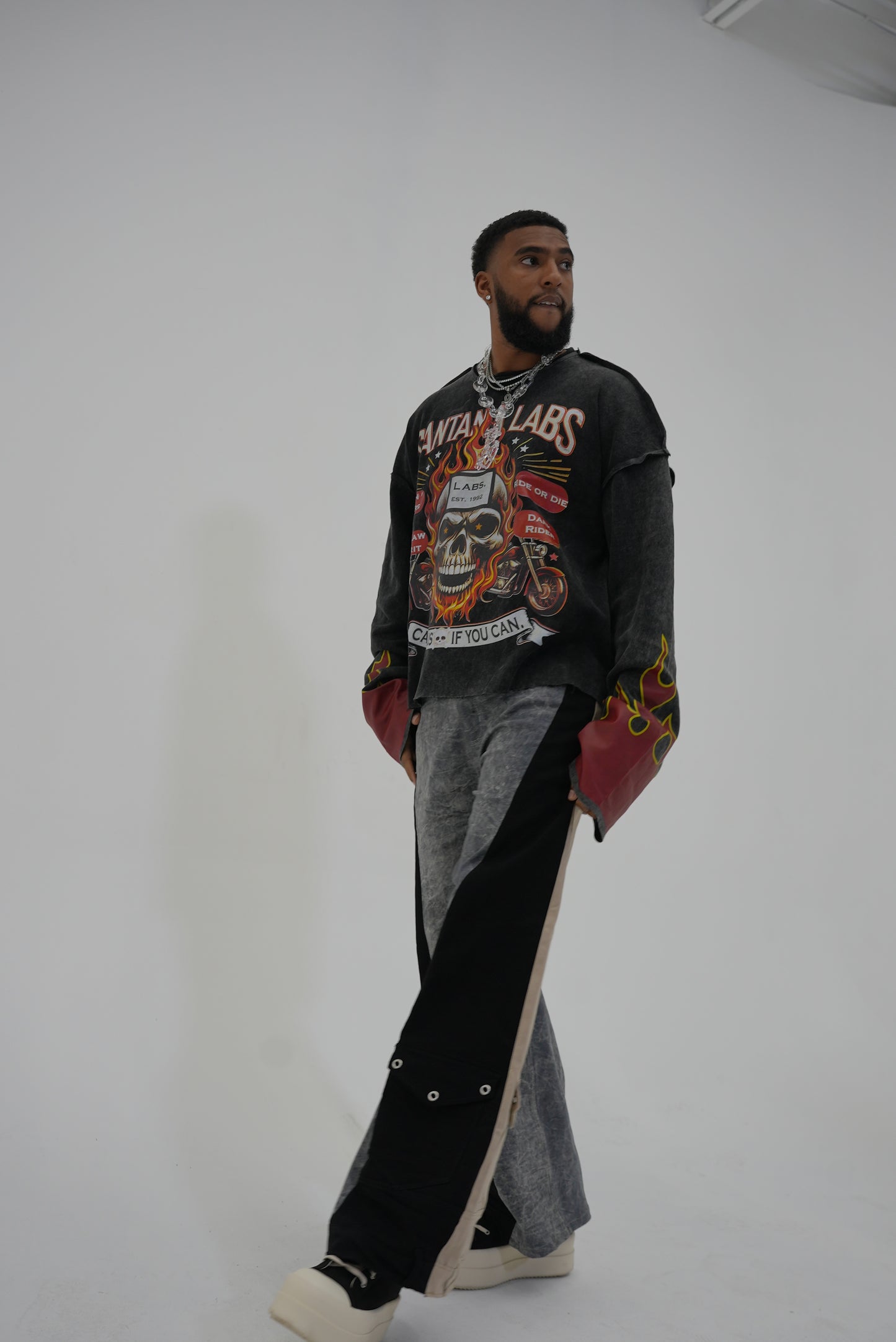 Double Wide Leg Flare Stone Wash Grey, Black, & Cream Denim