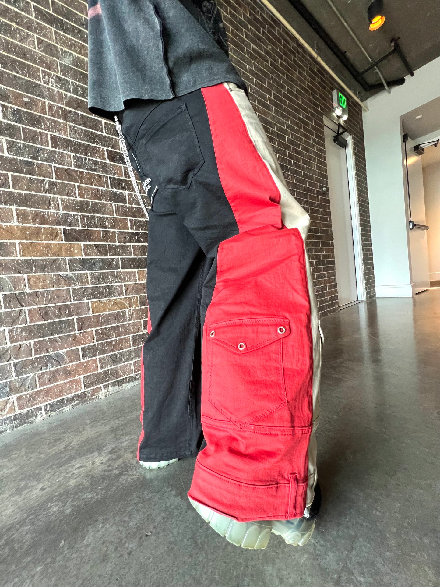 Double Wide Leg Flare Black, Cream & Red Denim