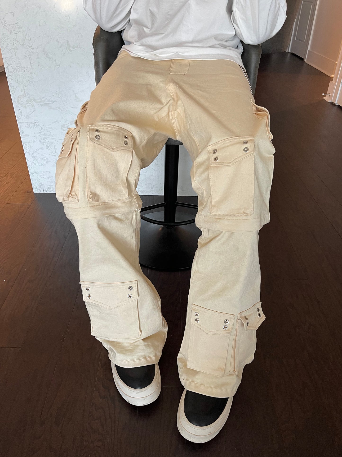 Cream Baggy Convertible Cargo Pants