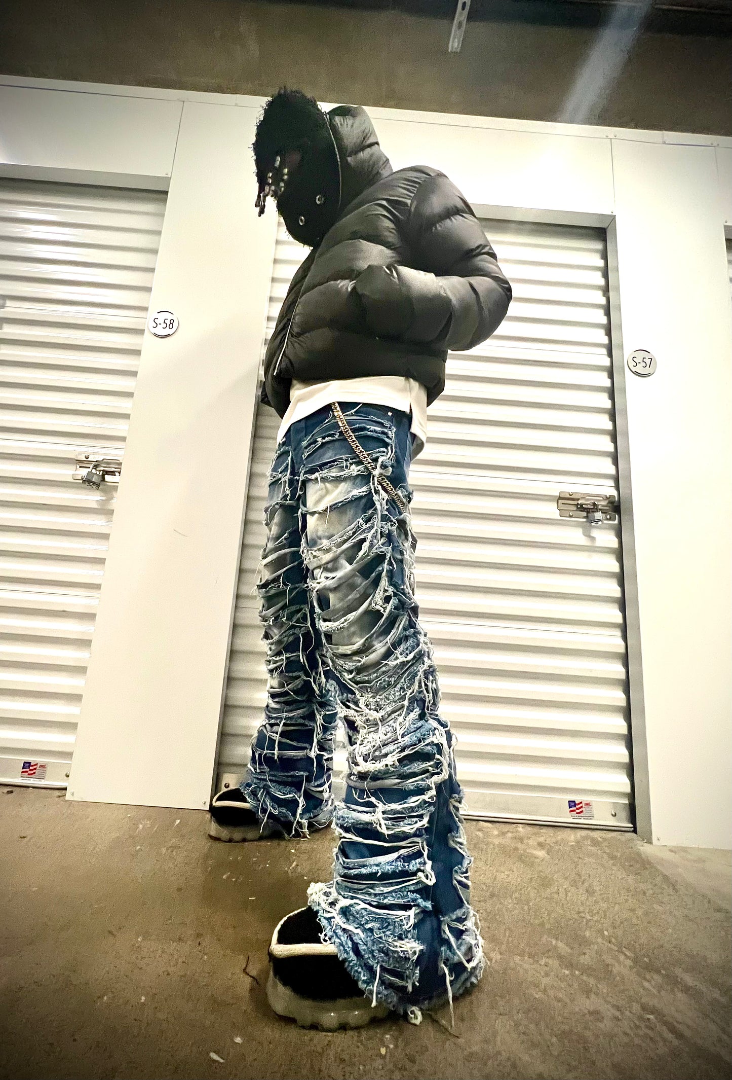 BLUE & WHITE DOUBLE LAYERED BAGGY DESTROYER DENIM