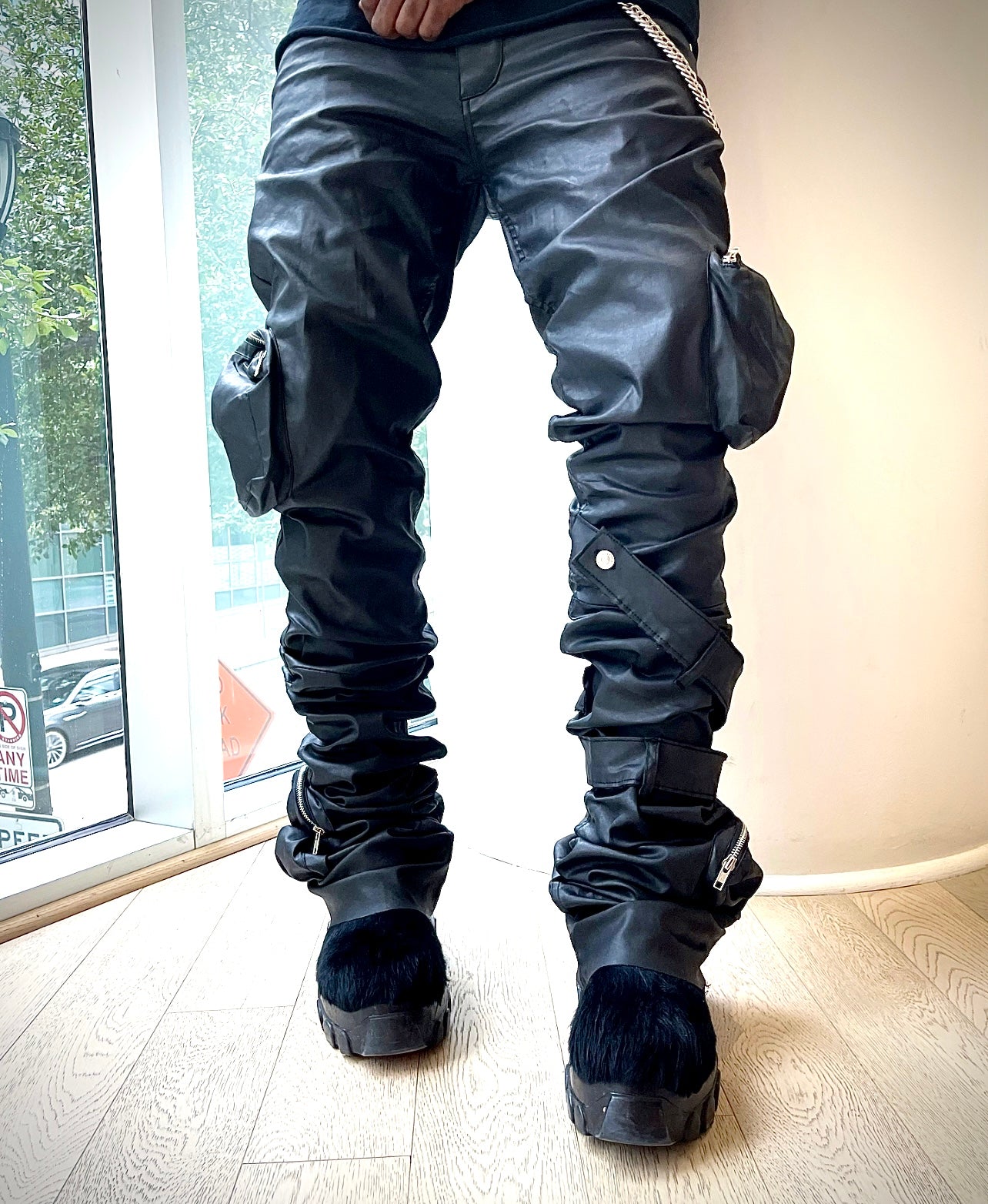 Wax Black 3D Cargo Denim w/ Shin Belt