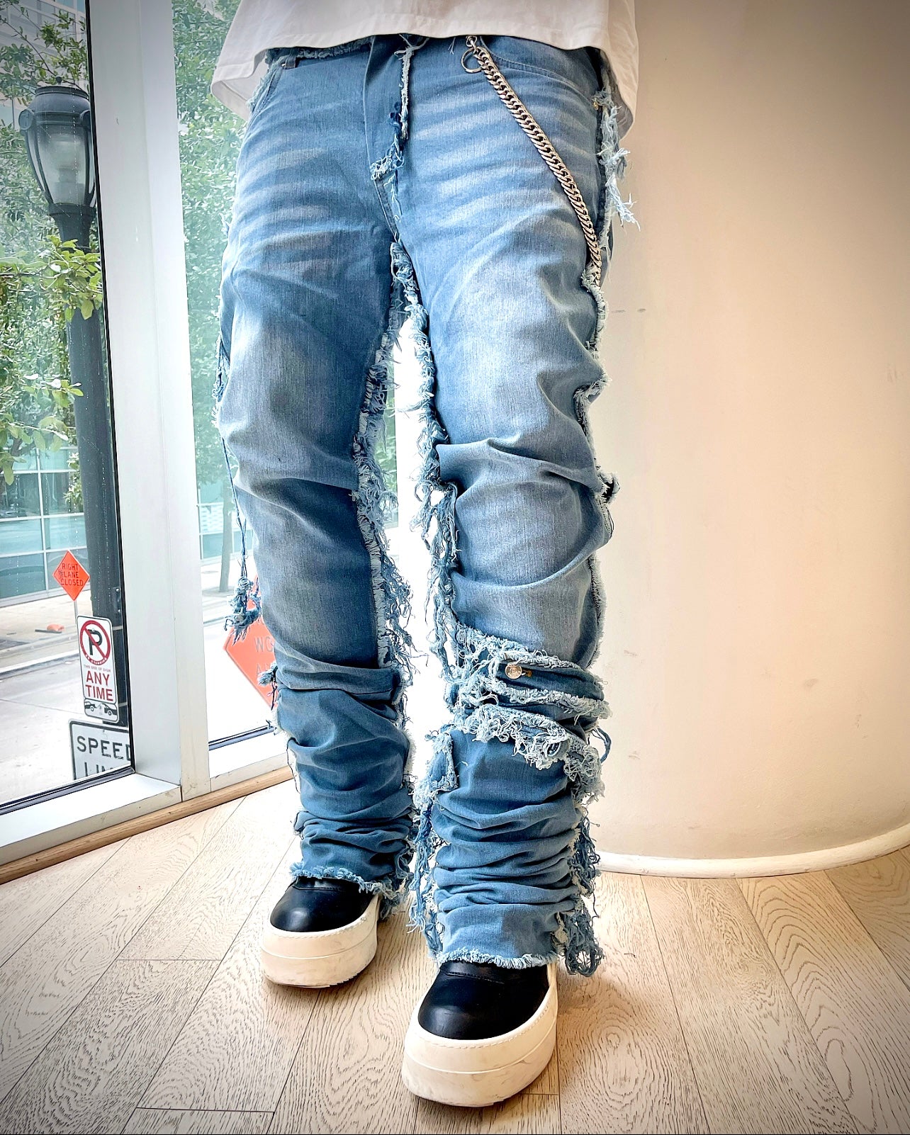 Faded Blue Stacked Furry Denim w/ Shin Belt