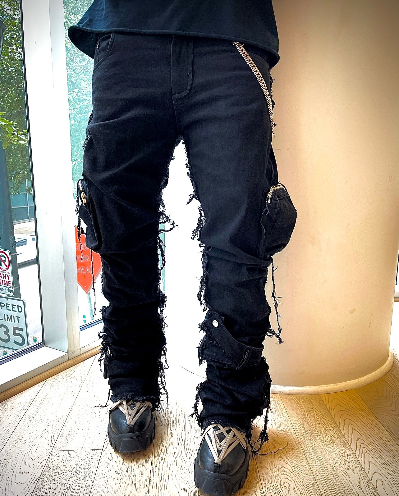 Black Stacked Furry 3D Cargo Denim w/ Shin Belt