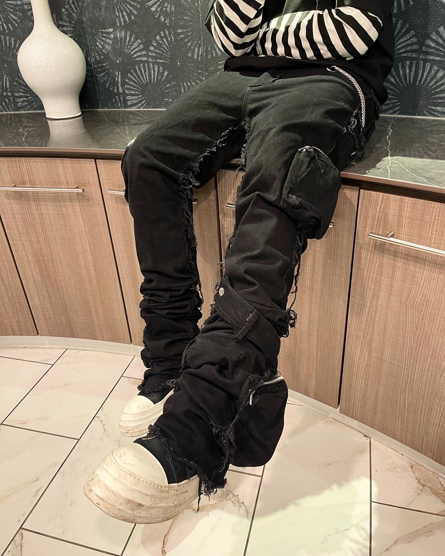 Black Stacked Furry 3D Cargo Denim w/ Shin Belt