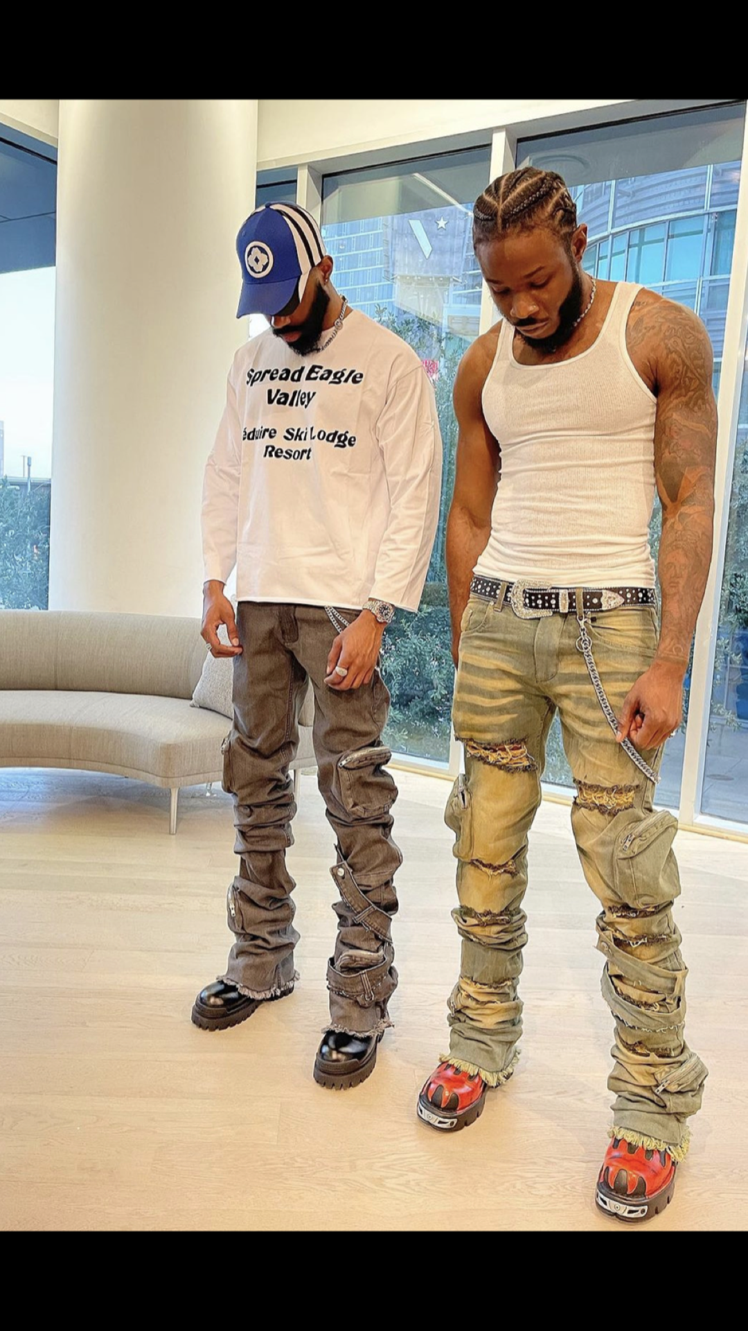 Blue & Cream Reconstructed 3D Cargo Denims w/ Shin Belt