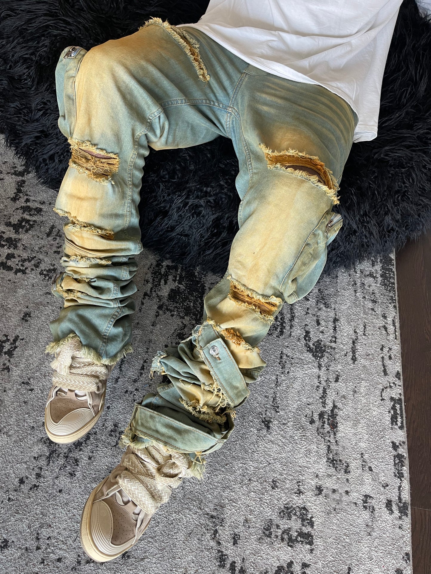 Blue & Cream Reconstructed 3D Cargo Denims w/ Shin Belt