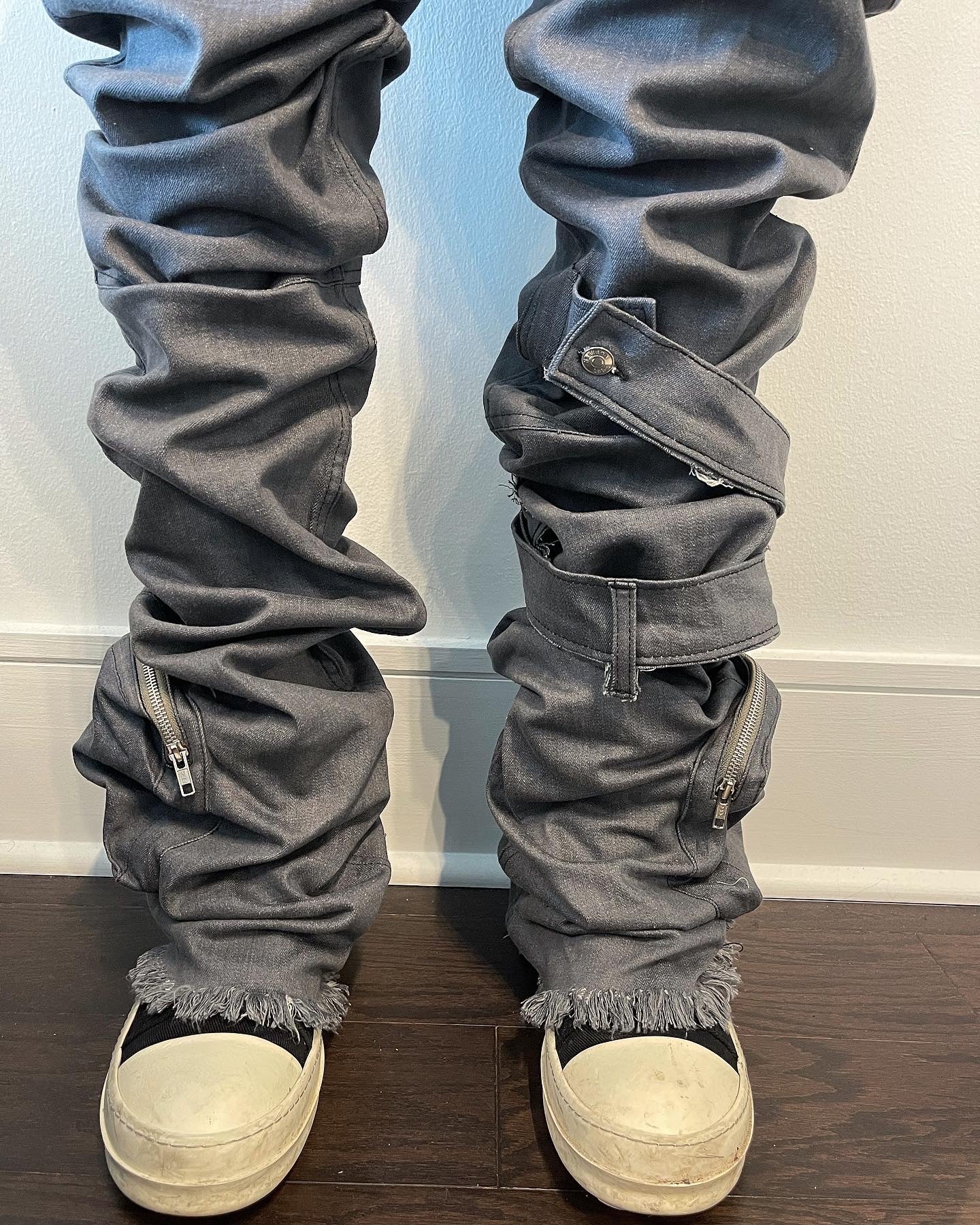 Vintage Gray Stacked 3D Cargo Denims w/ Shin Belt