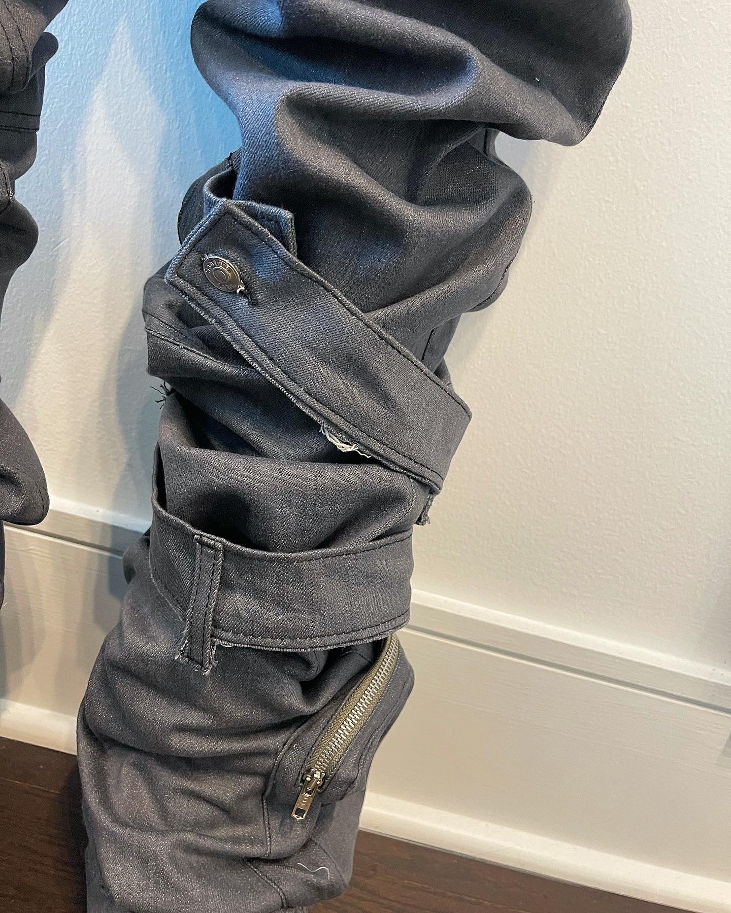 Vintage Gray Stacked 3D Cargo Denims w/ Shin Belt