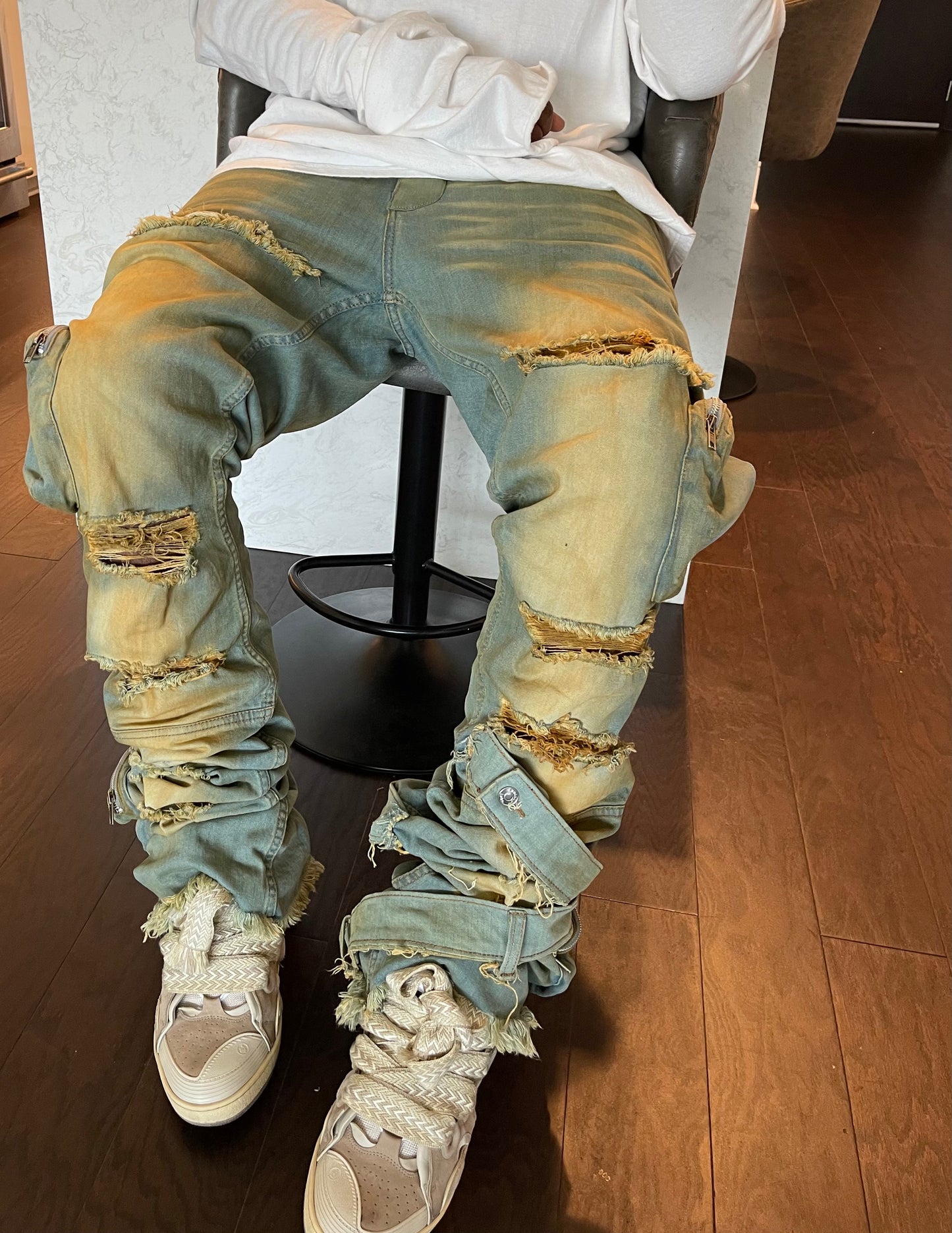 Blue & Cream Reconstructed 3D Cargo Denims w/ Shin Belt