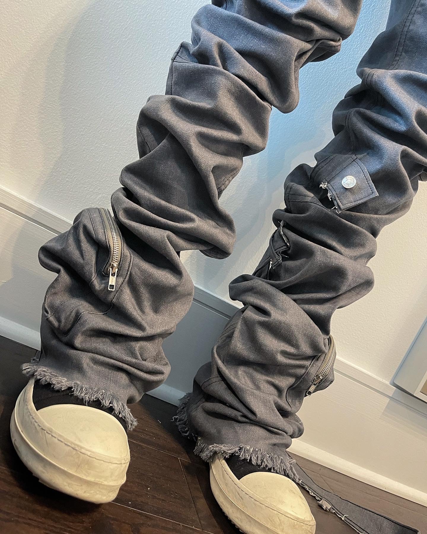 Vintage Gray Stacked 3D Cargo Denims w/ Shin Belt