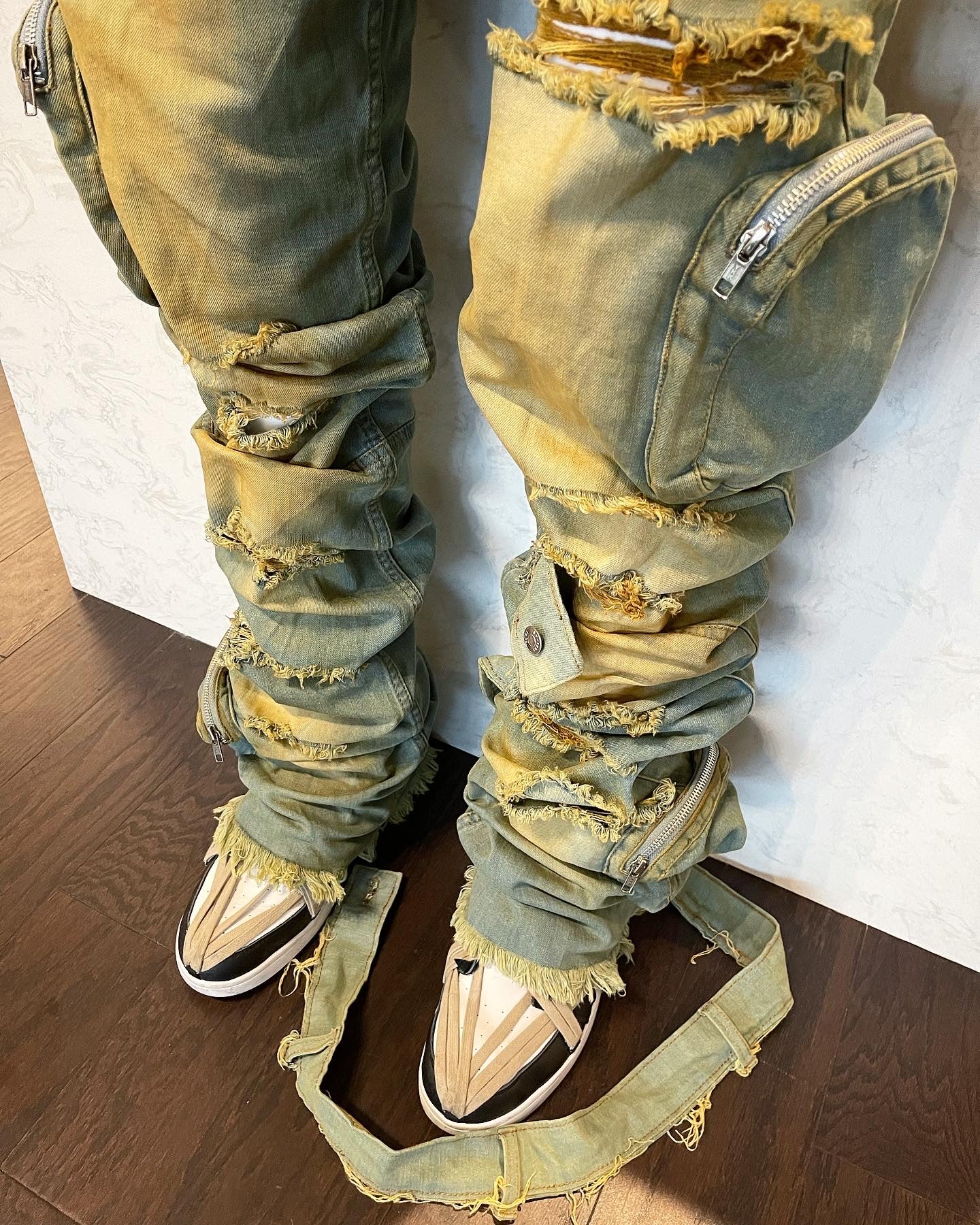 Blue & Cream Reconstructed 3D Cargo Denims w/ Shin Belt