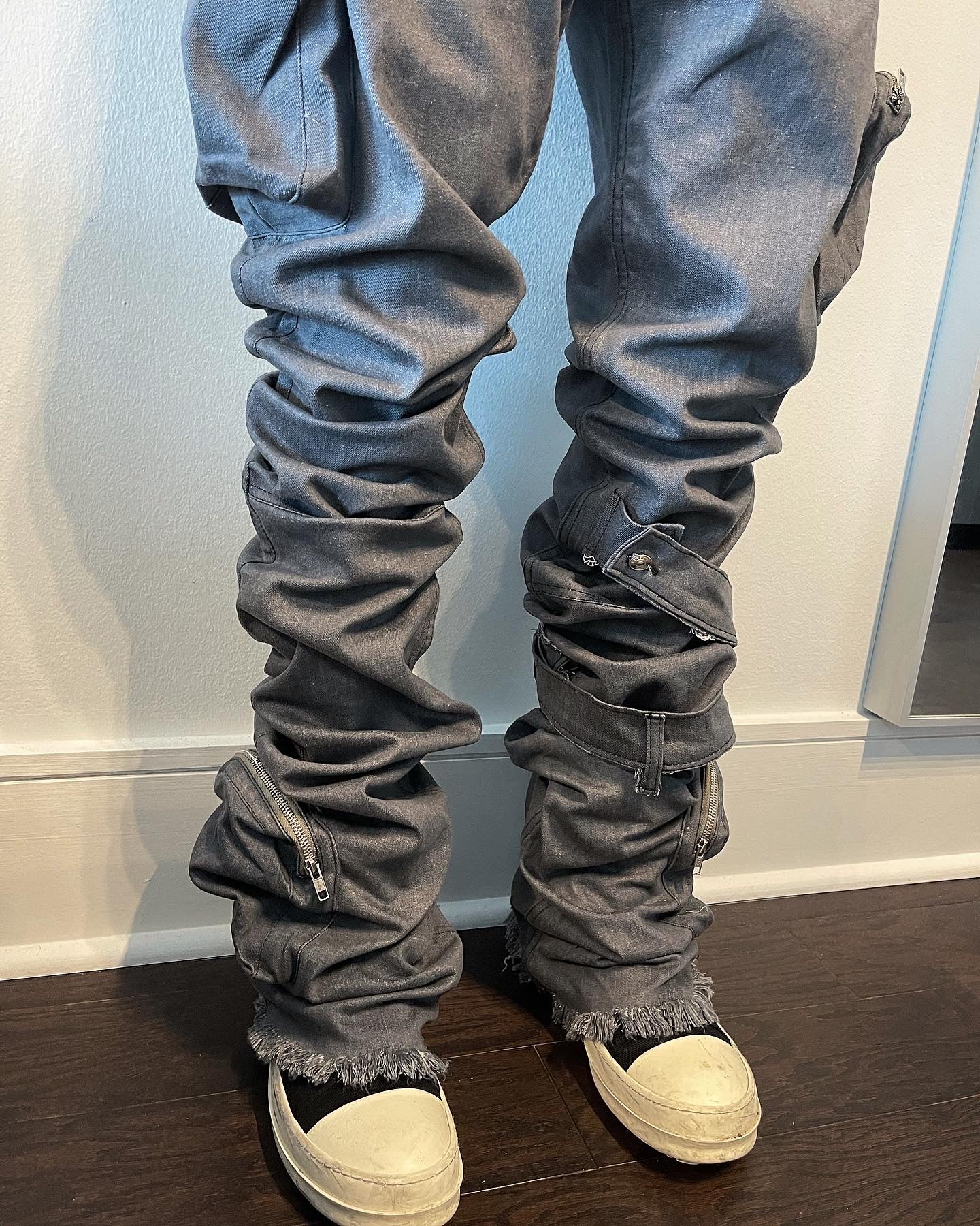 Vintage Gray Stacked 3D Cargo Denims w/ Shin Belt