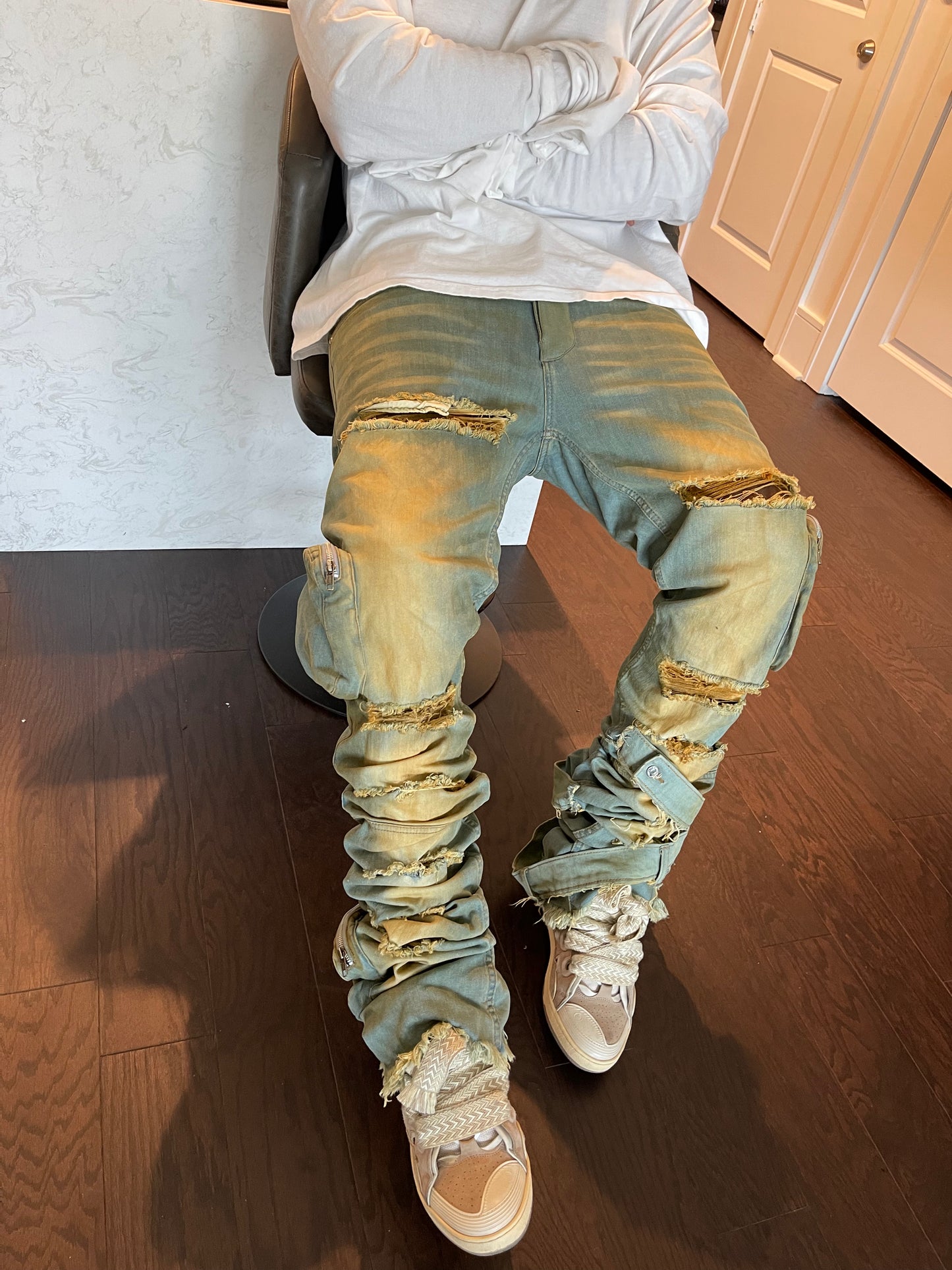 Blue & Cream Reconstructed 3D Cargo Denims w/ Shin Belt