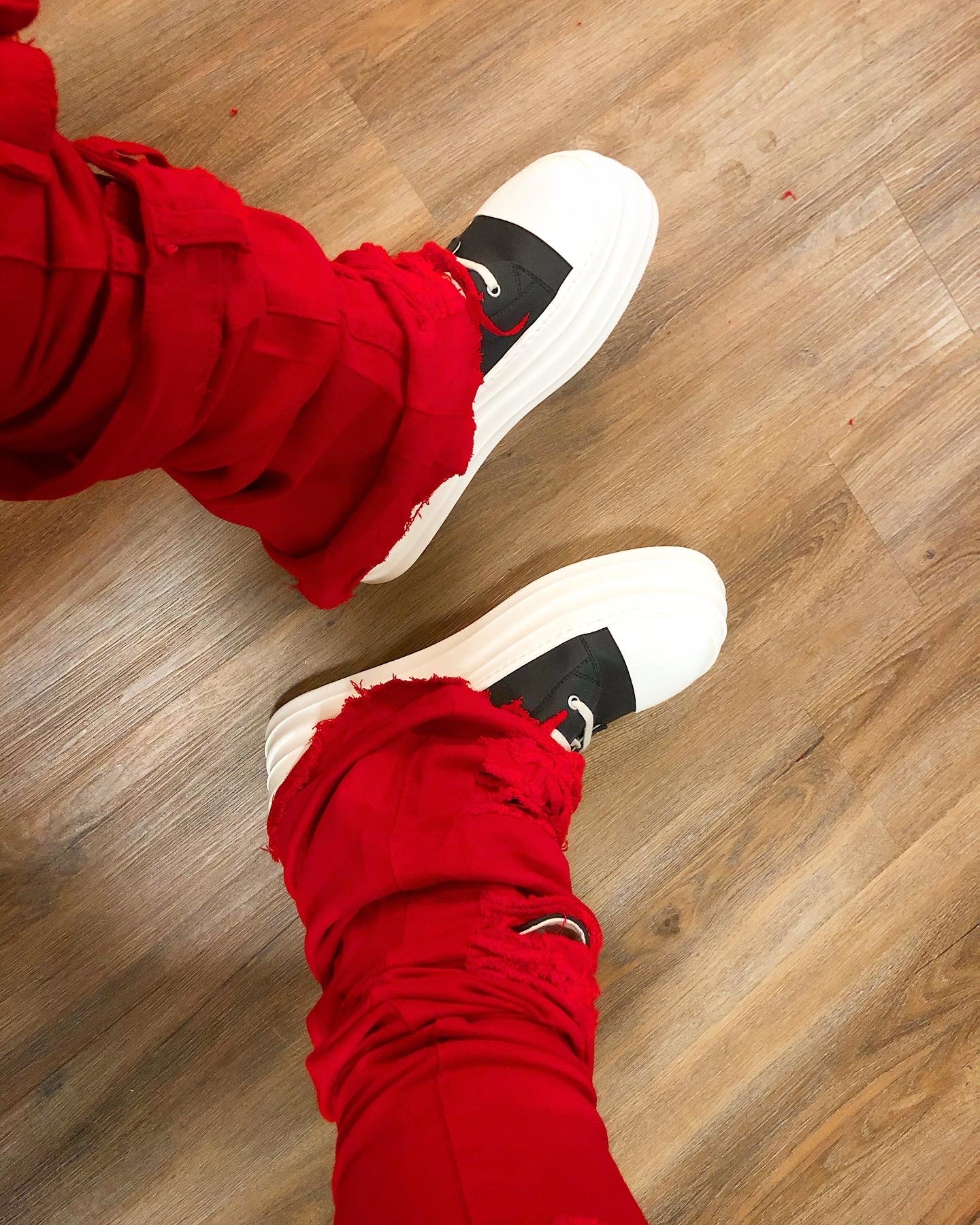 Red Super Stacked Distressed Denims w/ Belt Loop