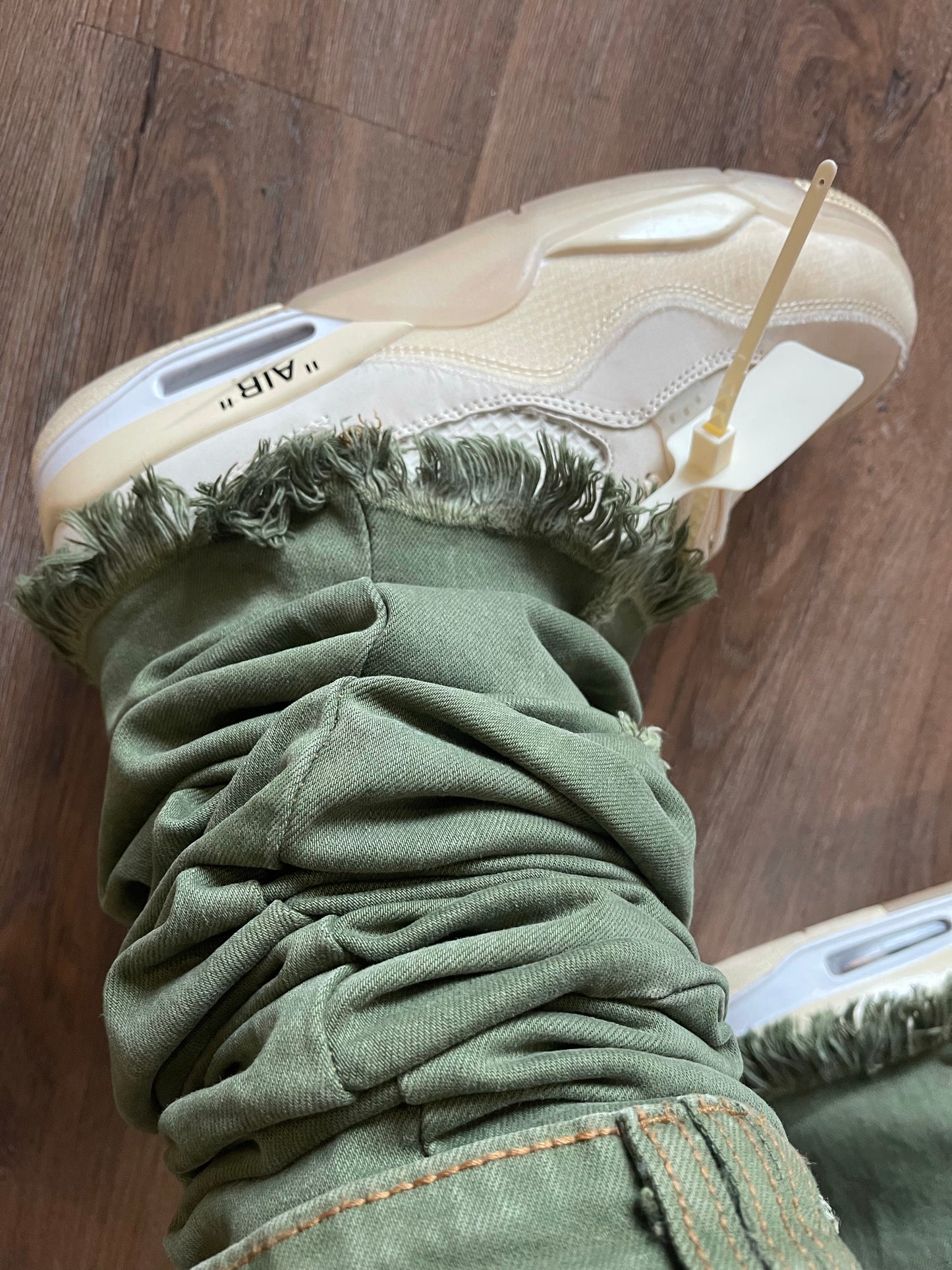 Distressed Ash Olive Stacked Denims w/ Shin Belt