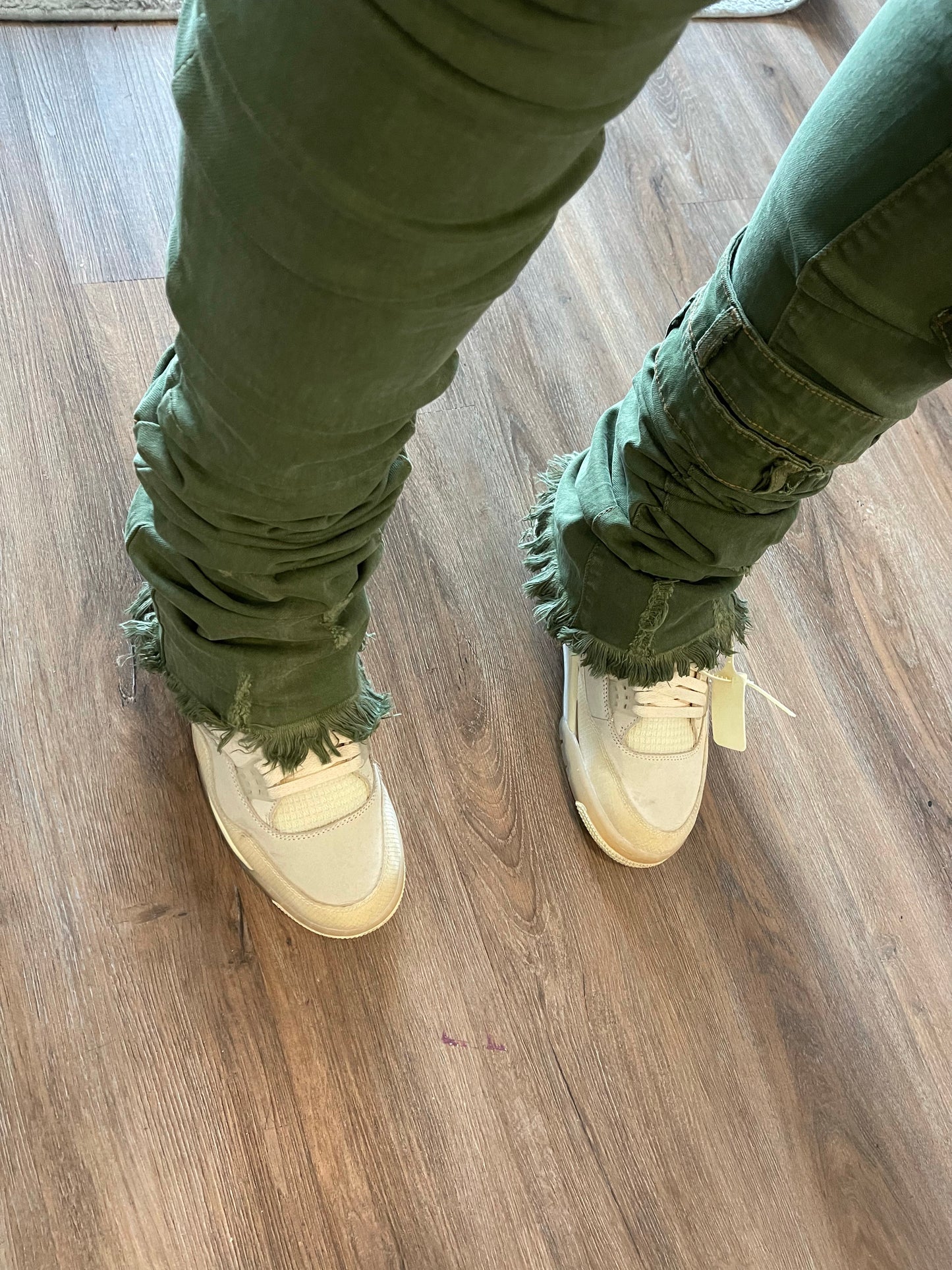 Distressed Ash Olive Stacked Denims w/ Shin Belt