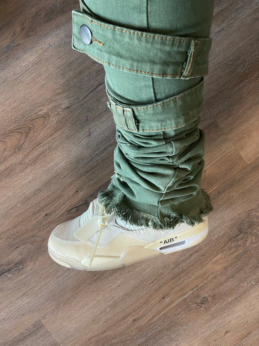 Distressed Ash Olive Stacked Denims w/ Shin Belt