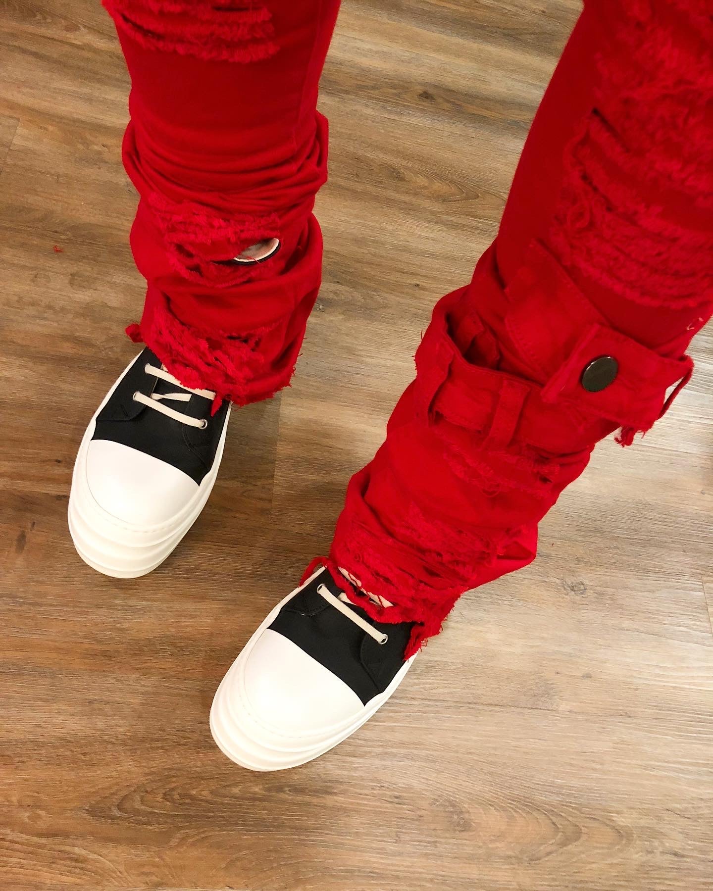 Red Super Stacked Distressed Denims w/ Belt Loop