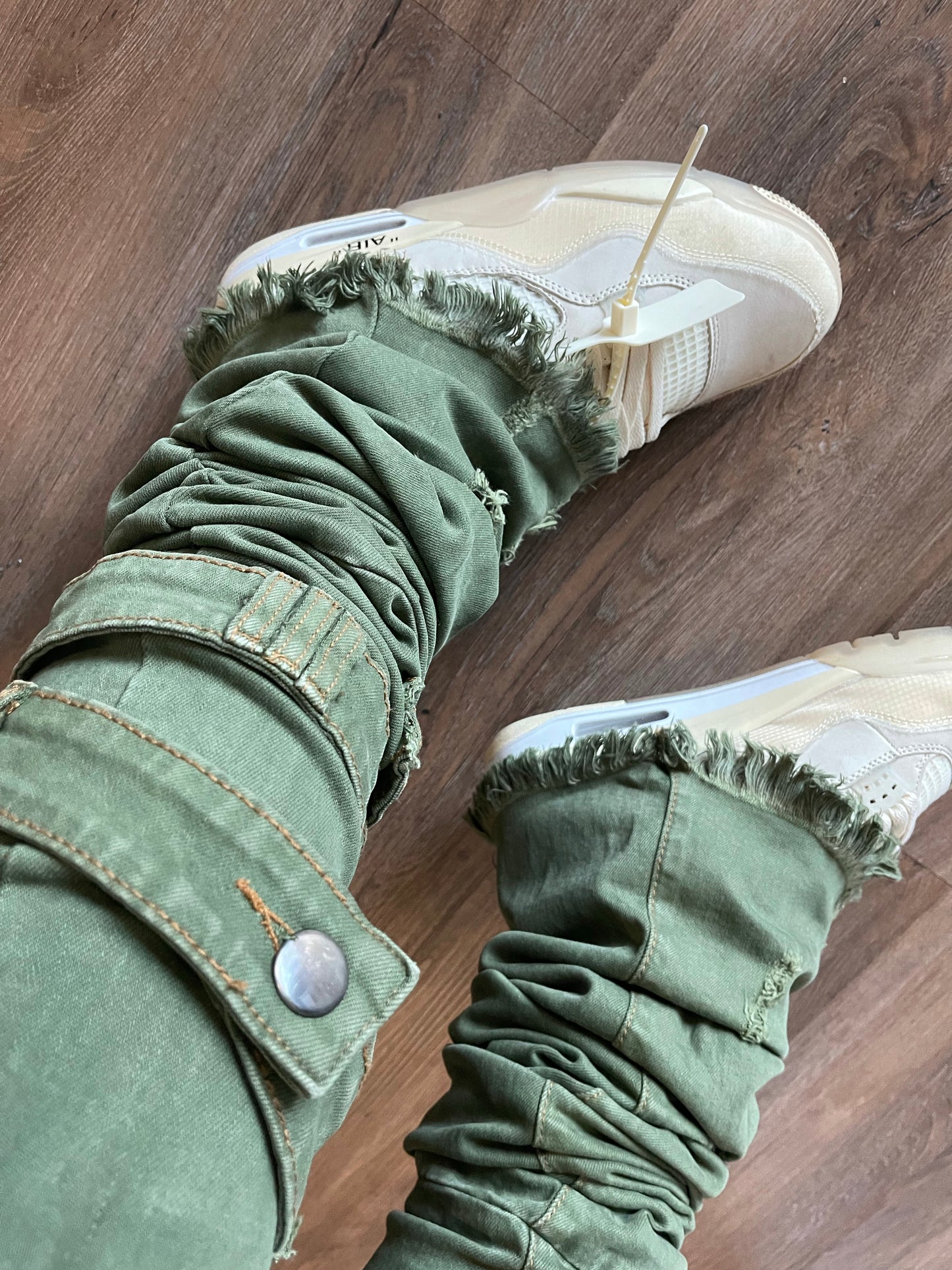 Distressed Ash Olive Stacked Denims w/ Shin Belt