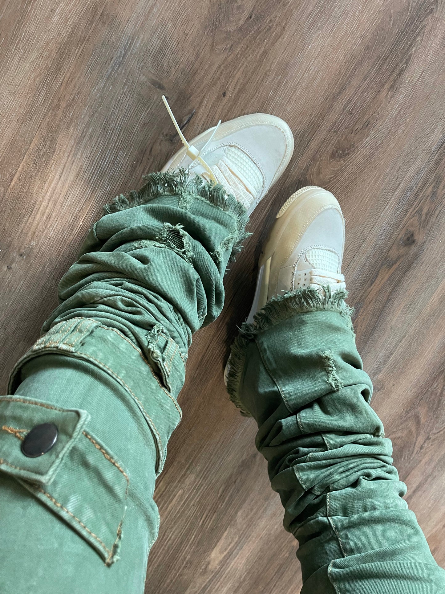 Distressed Ash Olive Stacked Denims w/ Shin Belt