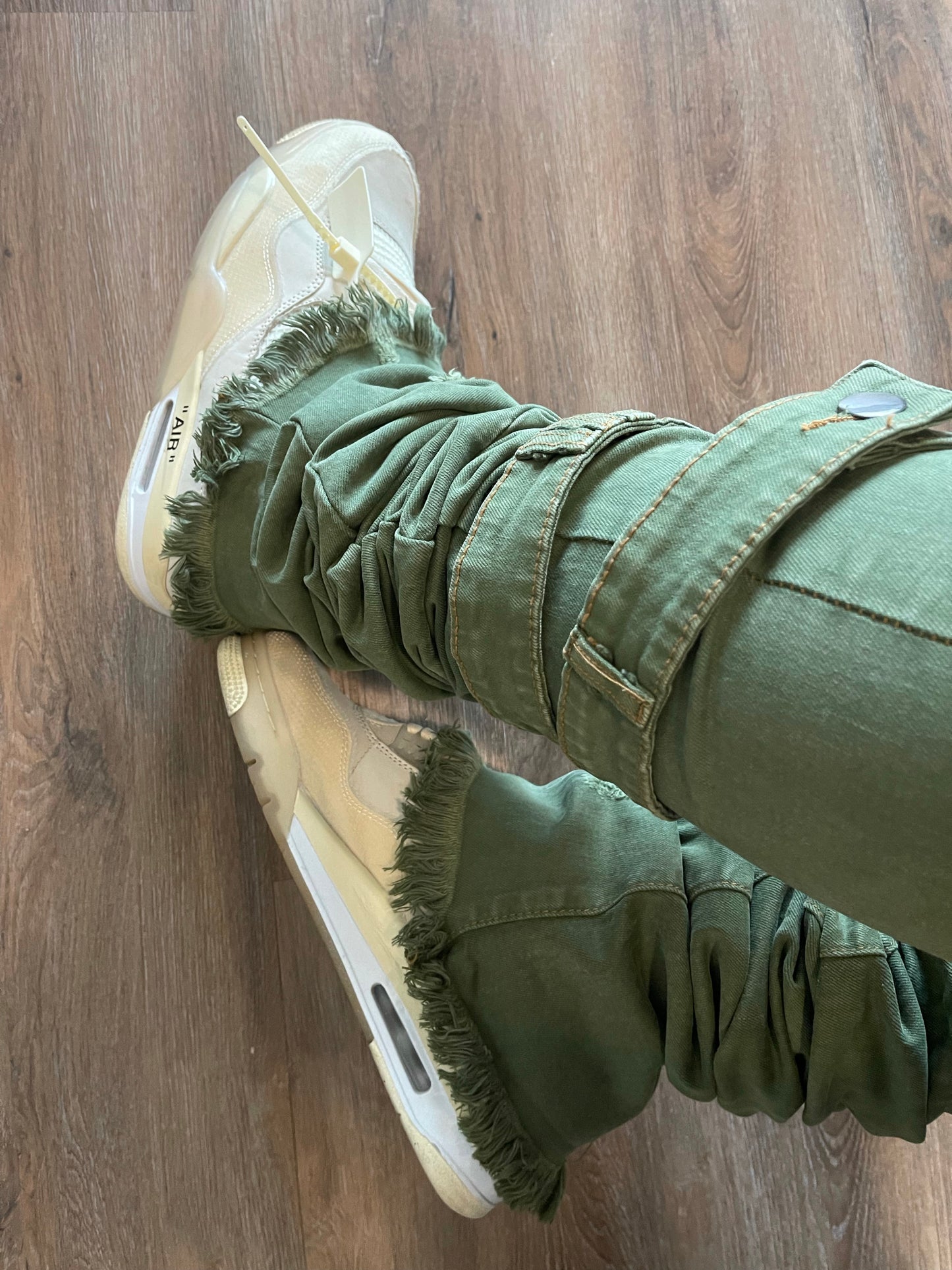 Distressed Ash Olive Stacked Denims w/ Shin Belt
