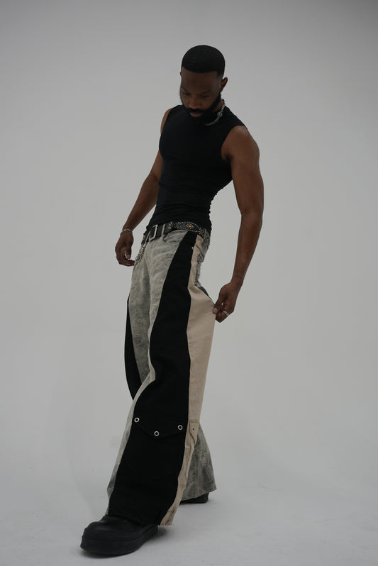 Double Wide Leg Flare Stone Wash Grey, Black, & Cream Denim