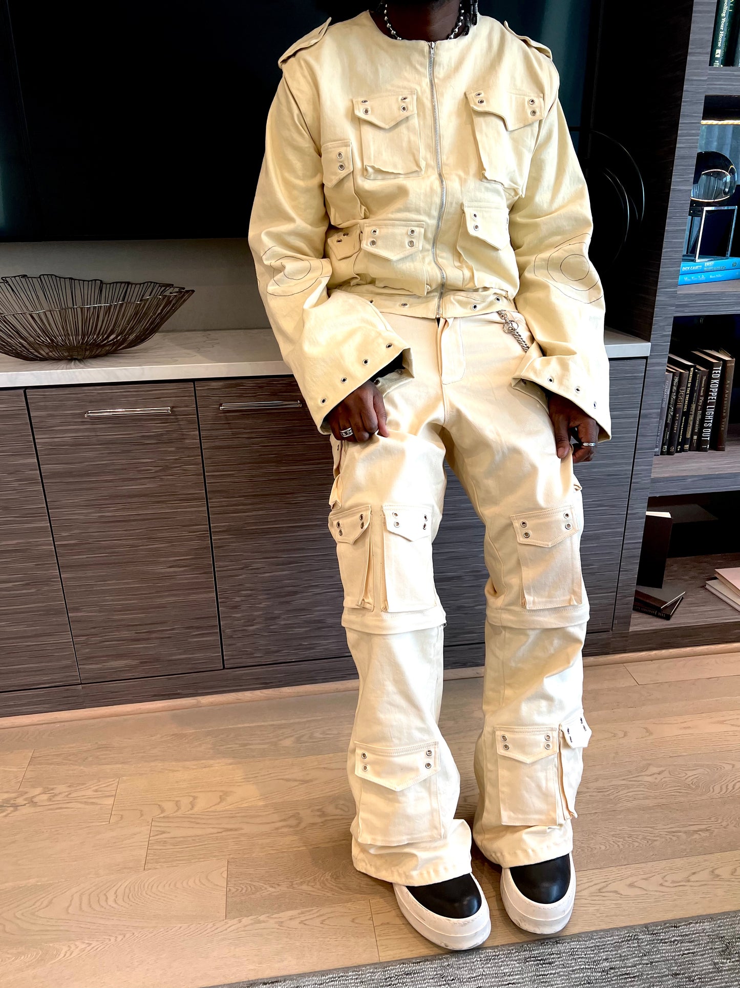 Cream Baggy Convertible Cargo Pants