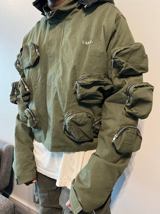 (Made To Order)Olive Cropped 3D Cargo Jacket