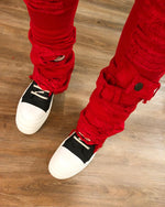 Load image into Gallery viewer, Red Super Stacked Distressed Denims w/ Belt Loop
