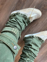 Load image into Gallery viewer, Distressed Ash Olive Stacked Denims w/ Shin Belt
