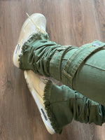 Load image into Gallery viewer, Distressed Ash Olive Stacked Denims w/ Shin Belt
